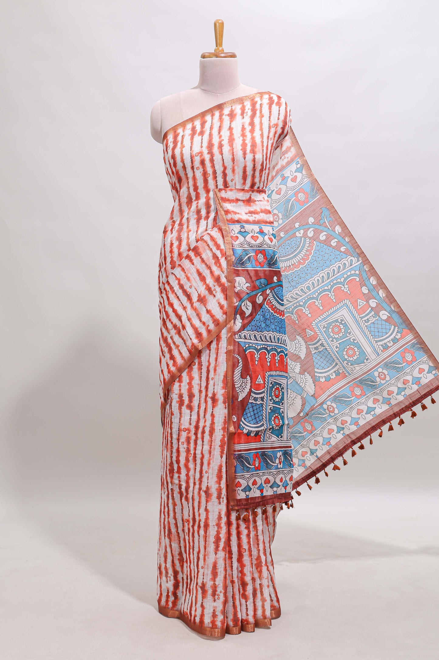 Orange striped leheriya print linen cotton saree with self border and matching blouse