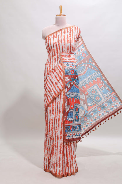 Orange striped leheriya print linen cotton saree with self border and matching blouse