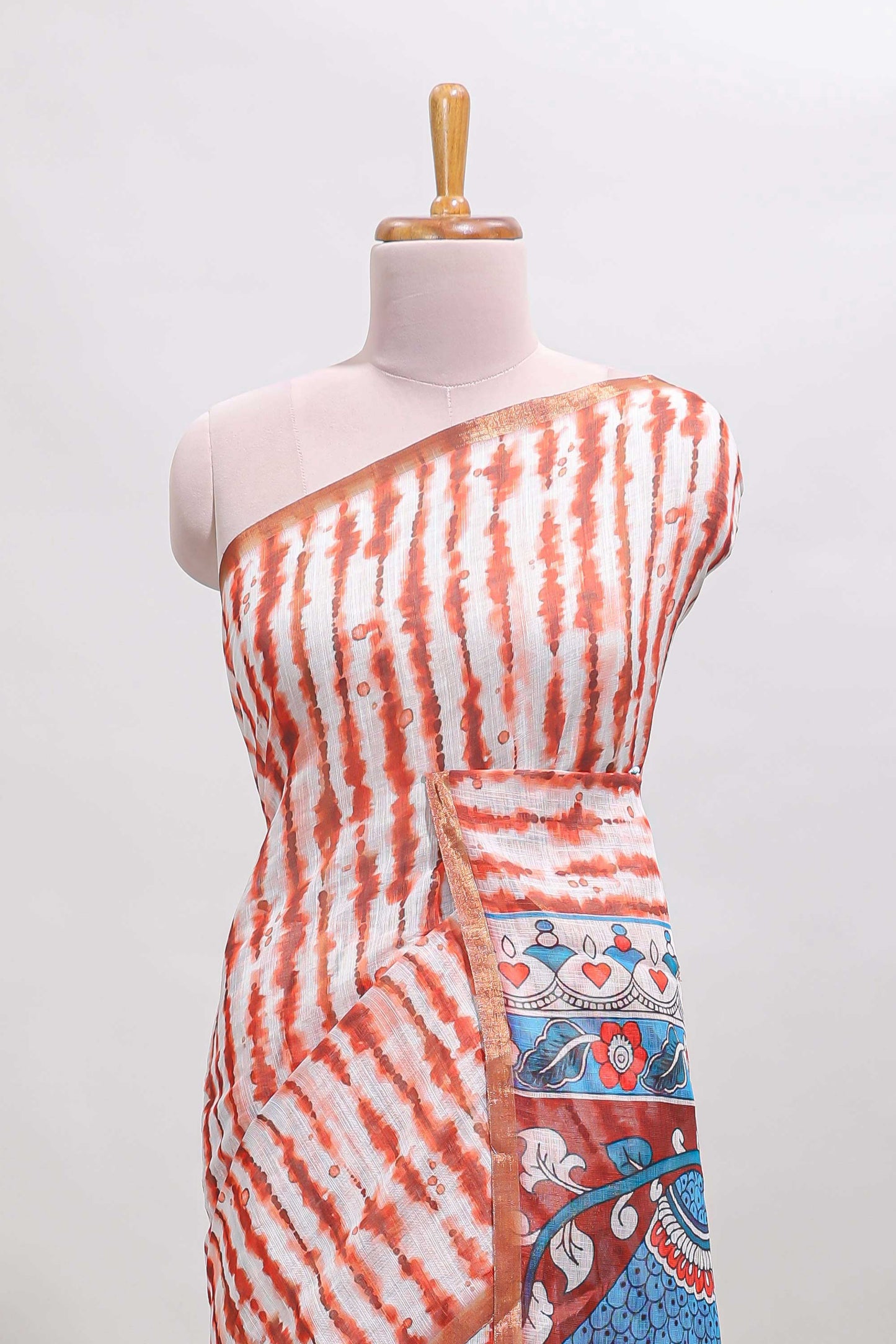 Orange striped leheriya print linen cotton saree with self border and matching blouse