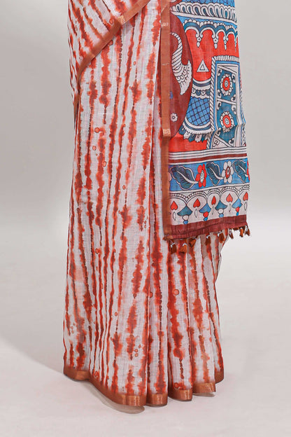 Orange striped leheriya print linen cotton saree with self border and matching blouse