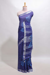 Blue floral design linen cotton saree with self zari border and matching plain blouse