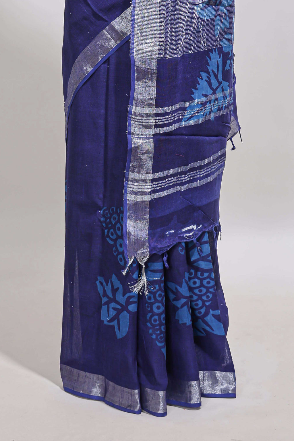 Blue floral design linen cotton saree with self zari border and matching plain blouse
