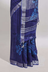 Blue floral design linen cotton saree with self zari border and matching plain blouse