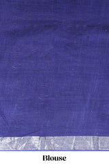 Blue floral design linen cotton saree with self zari border and matching plain blouse