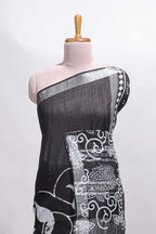 Black floral design linen cotton saree with self zari border and matching plain blouse