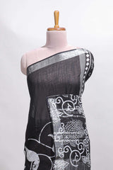 Black floral design linen cotton saree with self zari border and matching plain blouse
