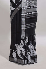 Black floral design linen cotton saree with self zari border and matching plain blouse