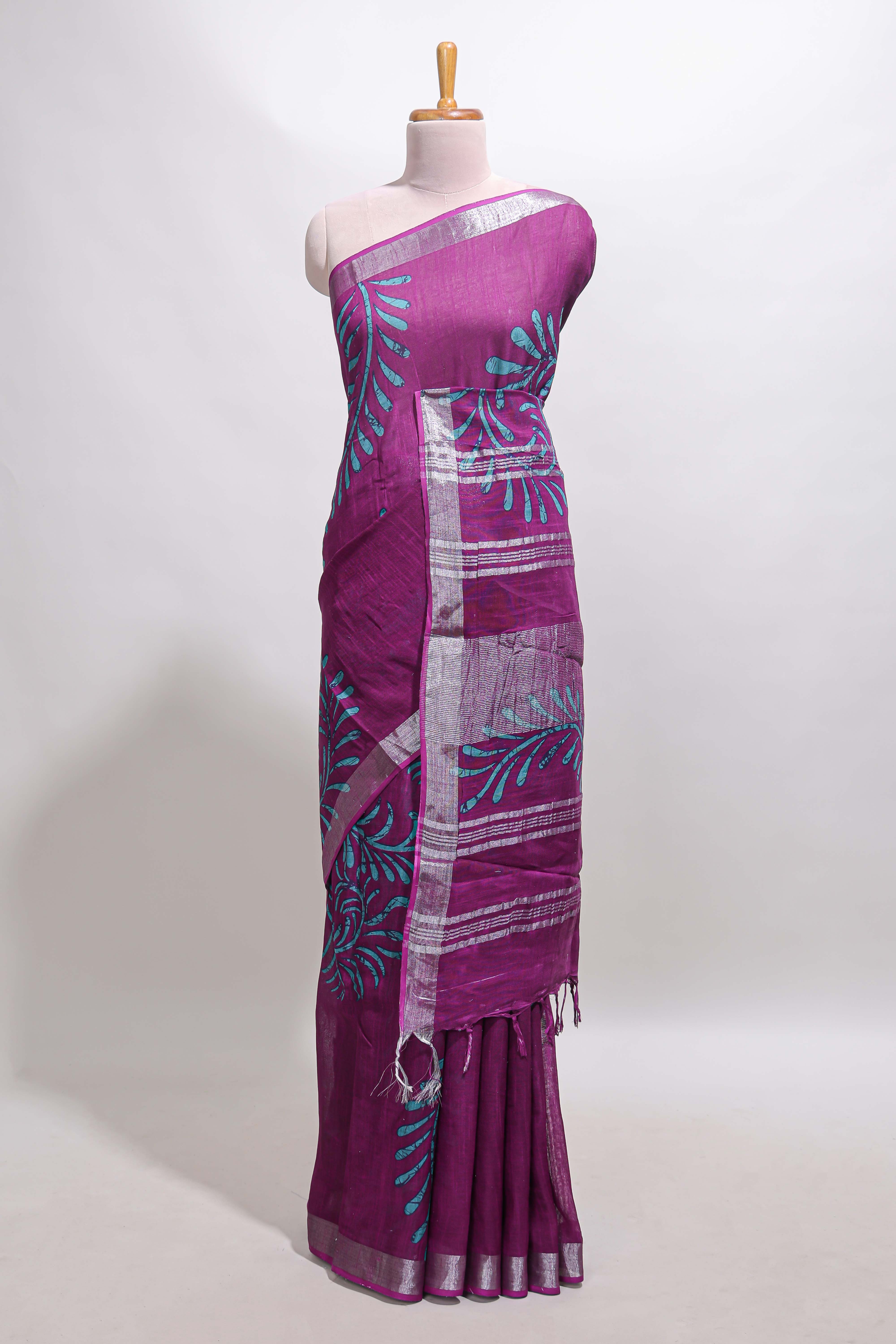 Purple floral design linen cotton saree with self zari border and matching plain blouse