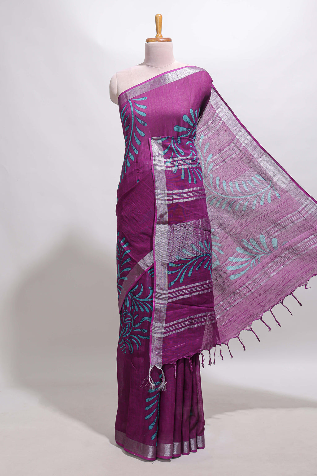 Purple floral design linen cotton saree with self zari border and matching plain blouse