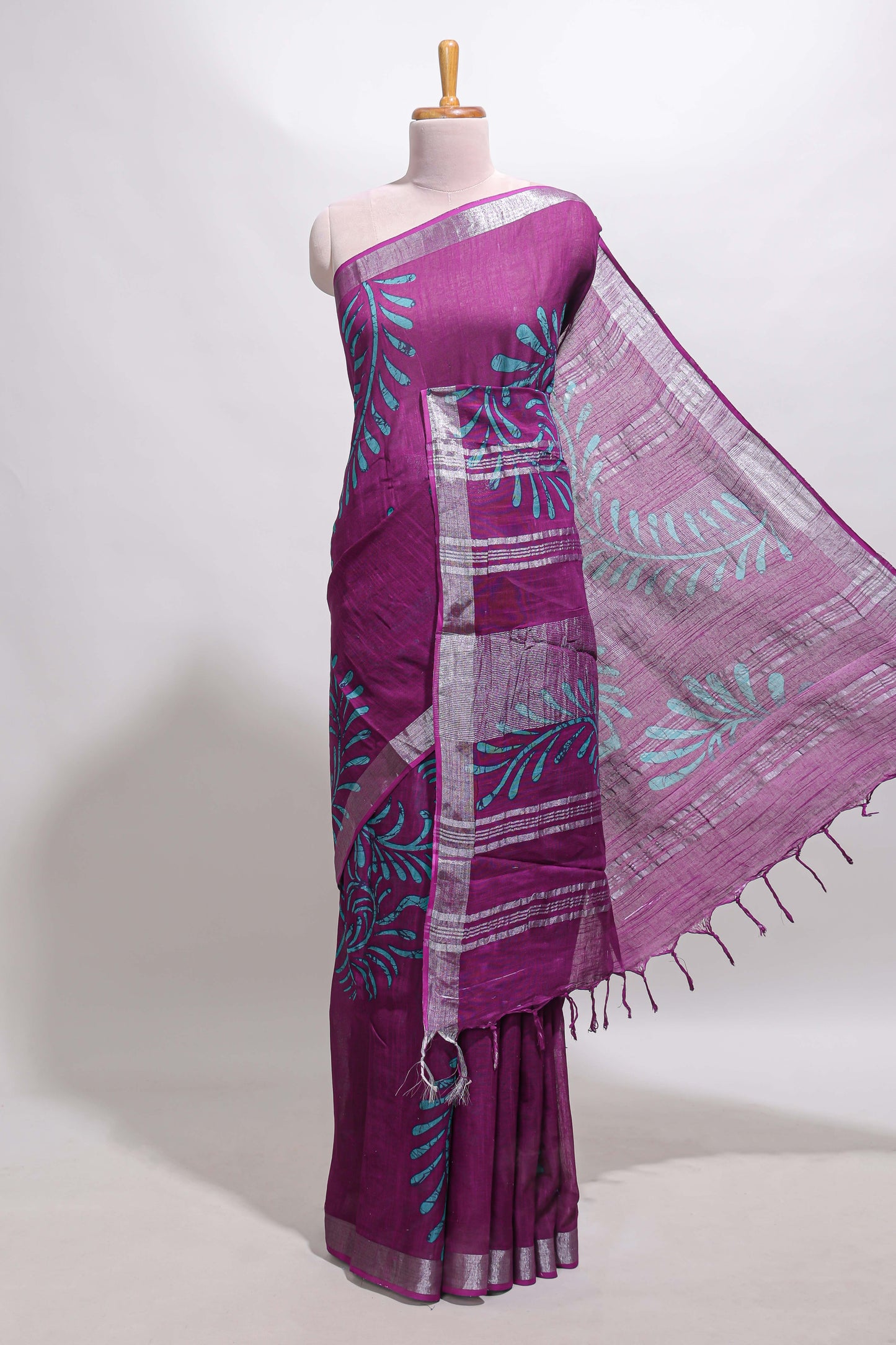 Purple floral design linen cotton saree with self zari border and matching plain blouse