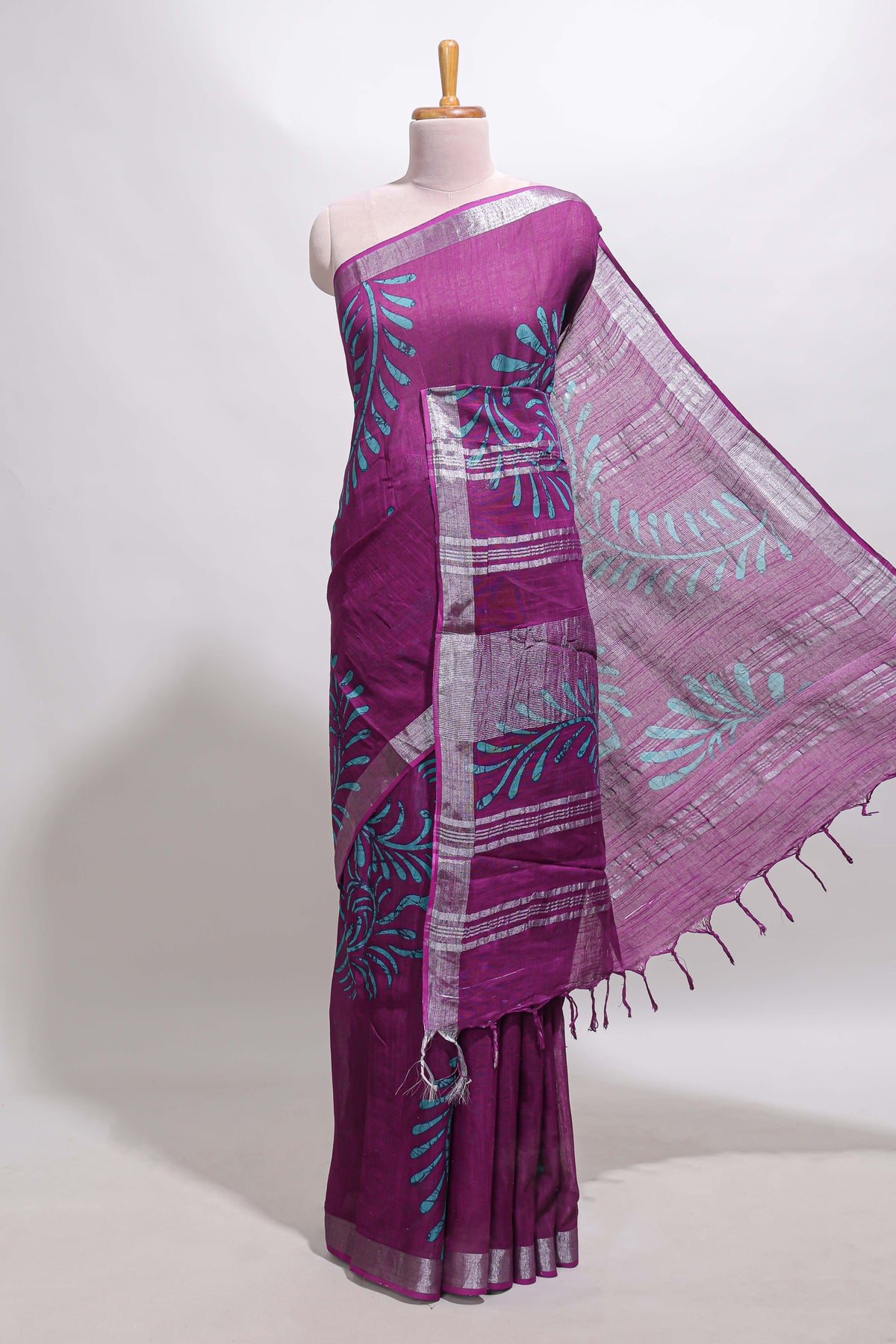 Purple floral design linen cotton saree with self zari border and matching plain blouse