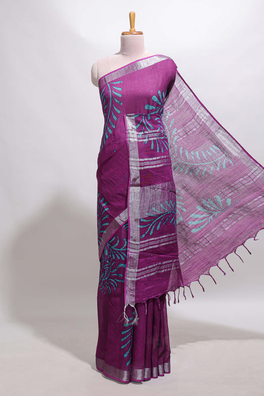 Purple floral design linen cotton saree with self zari border and matching plain blouse