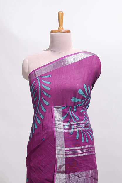 Purple floral design linen cotton saree with self zari border and matching plain blouse