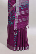 Purple floral design linen cotton saree with self zari border and matching plain blouse