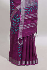 Purple floral design linen cotton saree with self zari border and matching plain blouse
