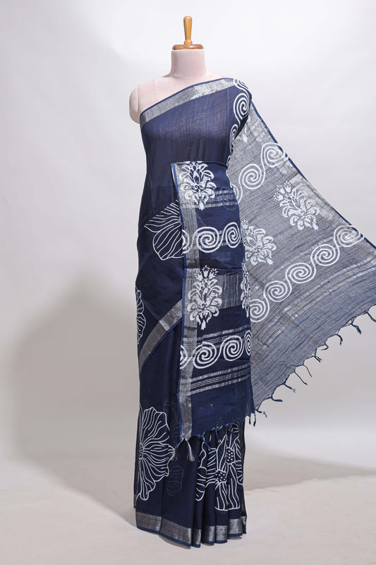 Dark blue floral design linen cotton saree with self zari border and matching plain blouse