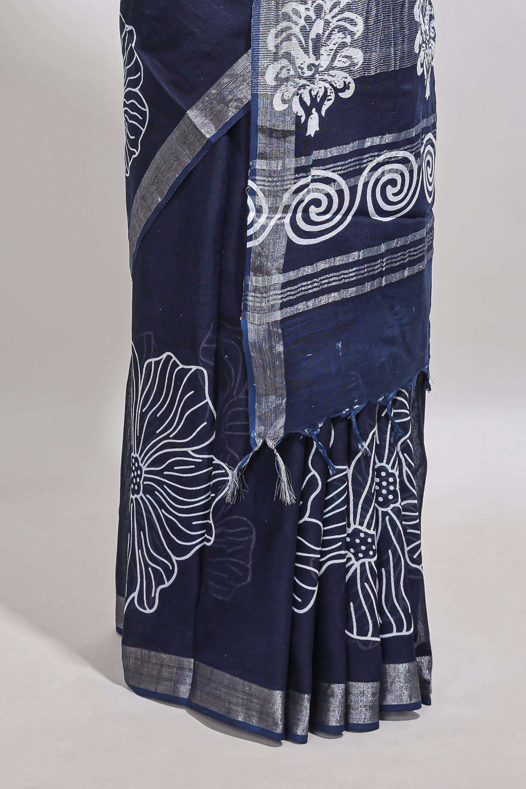 Dark blue floral design linen cotton saree with self zari border and matching plain blouse