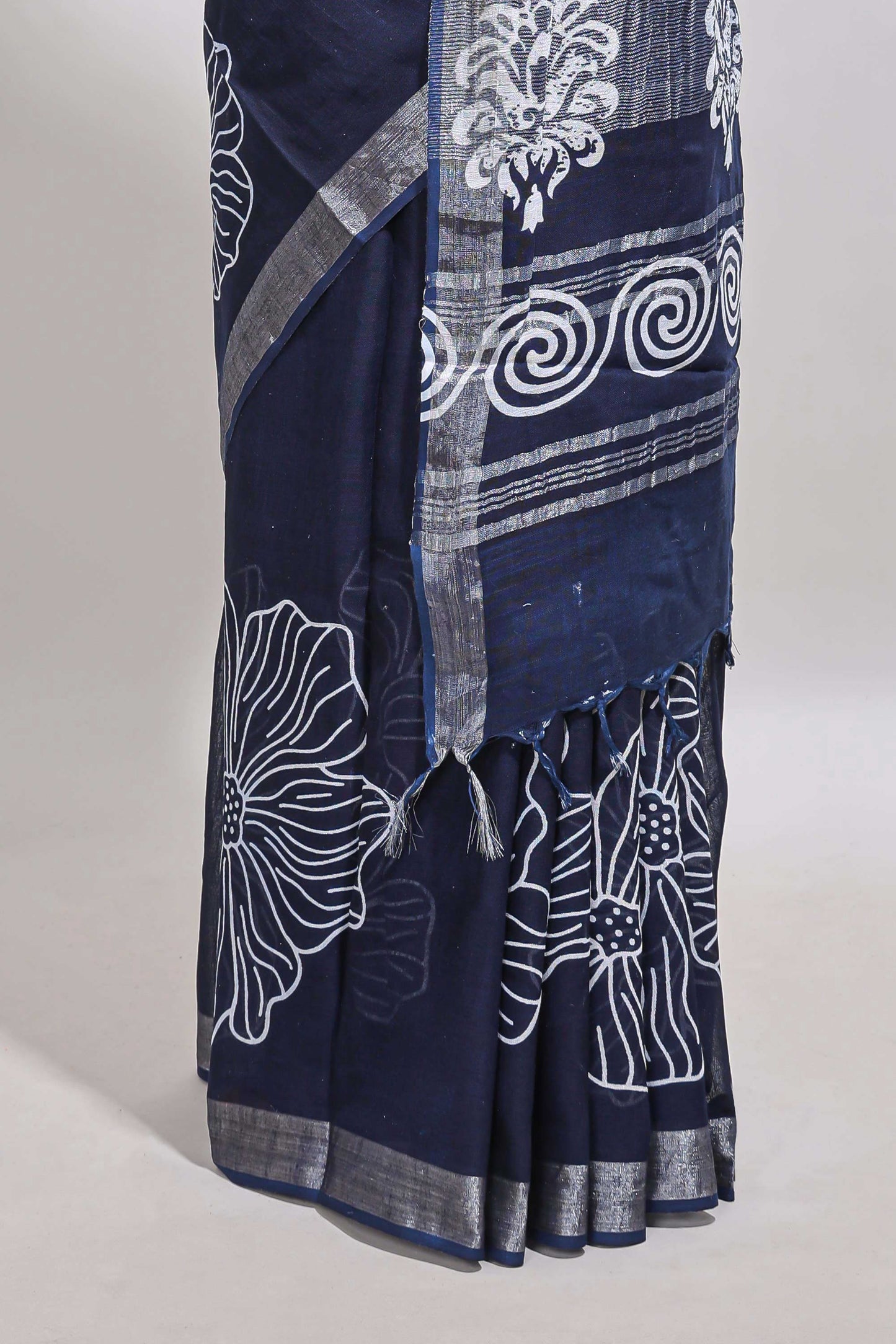 Dark blue floral design linen cotton saree with self zari border and matching plain blouse