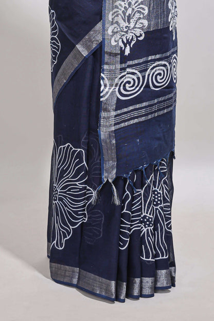 Dark blue floral design linen cotton saree with self zari border and matching plain blouse