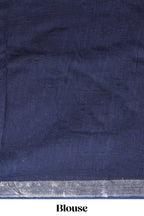 Dark blue floral design linen cotton saree with self zari border and matching plain blouse