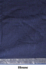 Dark blue floral design linen cotton saree with self zari border and matching plain blouse