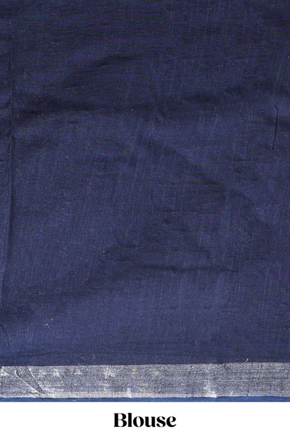 Dark blue floral design linen cotton saree with self zari border and matching plain blouse