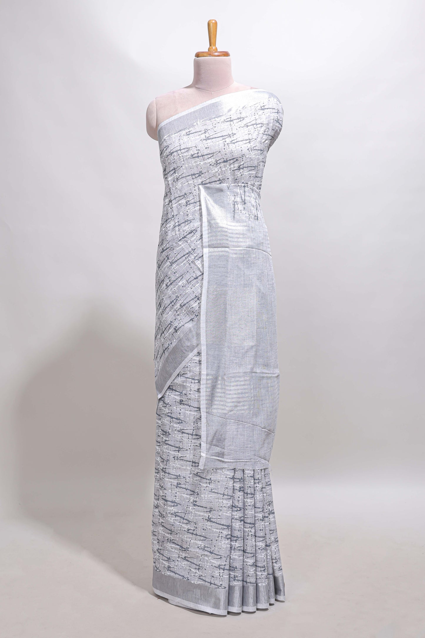 Grey abstract line scribble design linen cotton saree with self zari border and matching plain blouse
