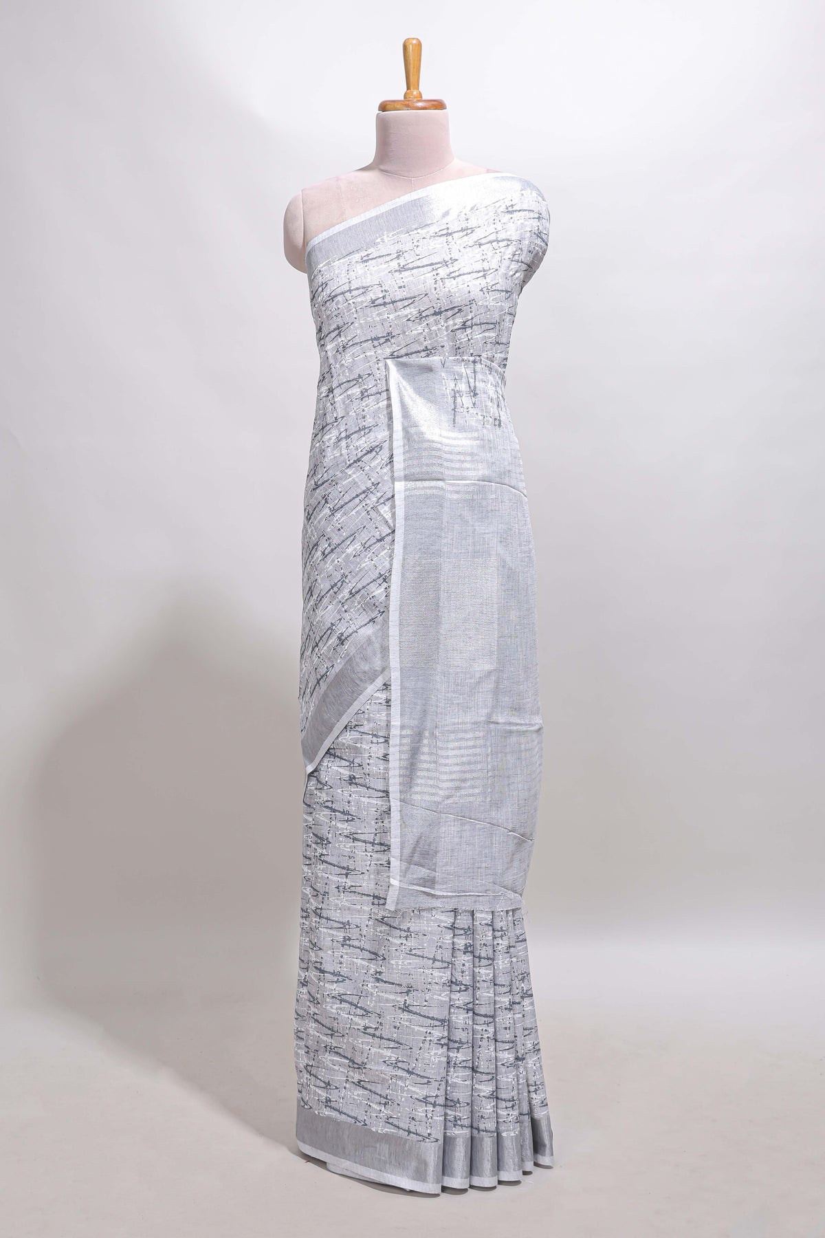 Grey abstract line scribble design linen cotton saree with self zari border and matching plain blouse