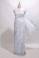 Grey abstract line scribble design linen cotton saree with self zari border and matching plain blouse