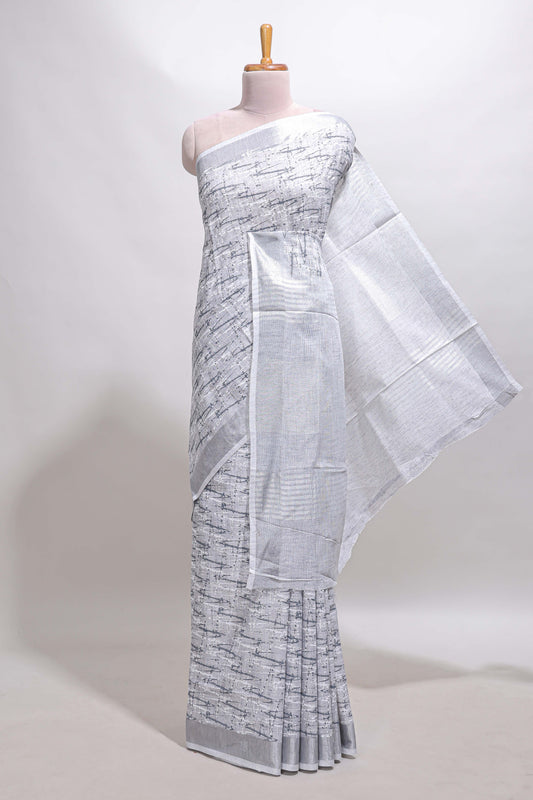 Grey abstract line scribble design linen cotton saree with self zari border and matching plain blouse