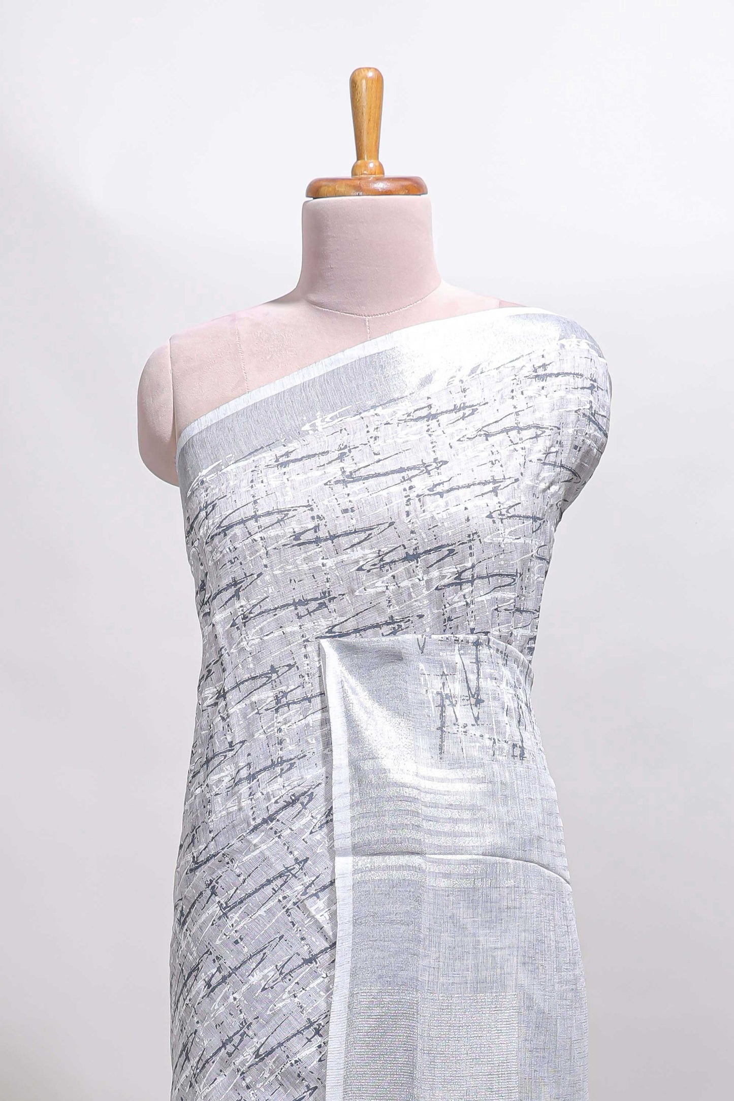 Grey abstract line scribble design linen cotton saree with self zari border and matching plain blouse