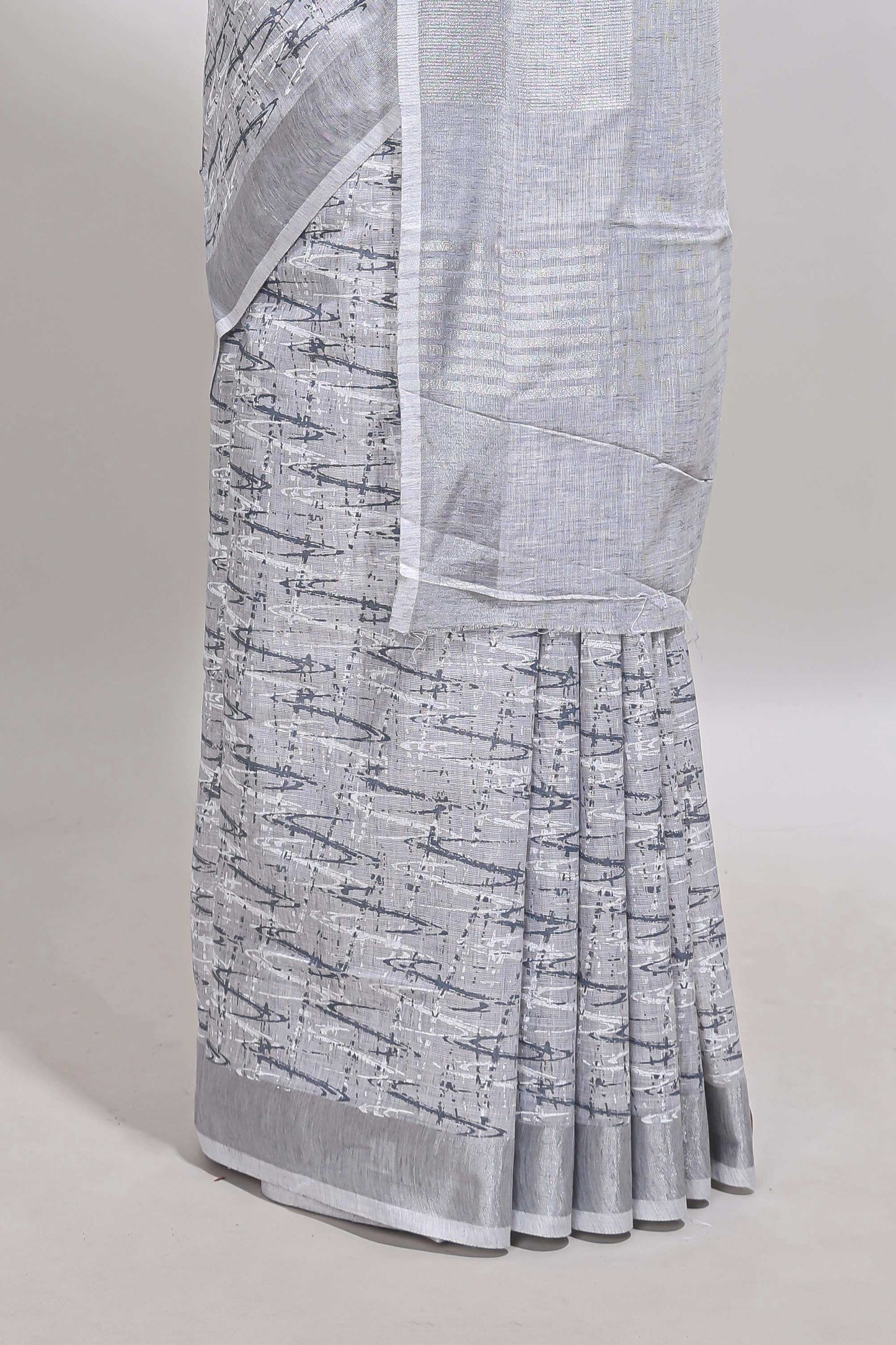 Grey abstract line scribble design linen cotton saree with self zari border and matching plain blouse
