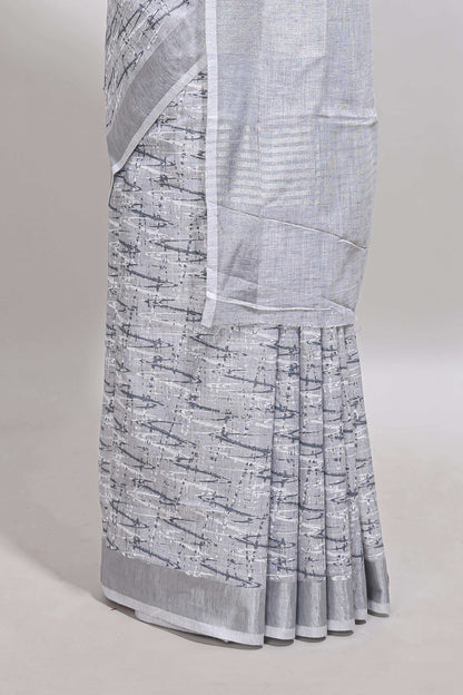 Grey abstract line scribble design linen cotton saree with self zari border and matching plain blouse
