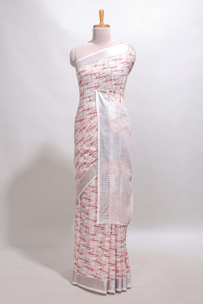 Pink abstract line scribble design linen cotton saree with self zari border and matching plain blouse