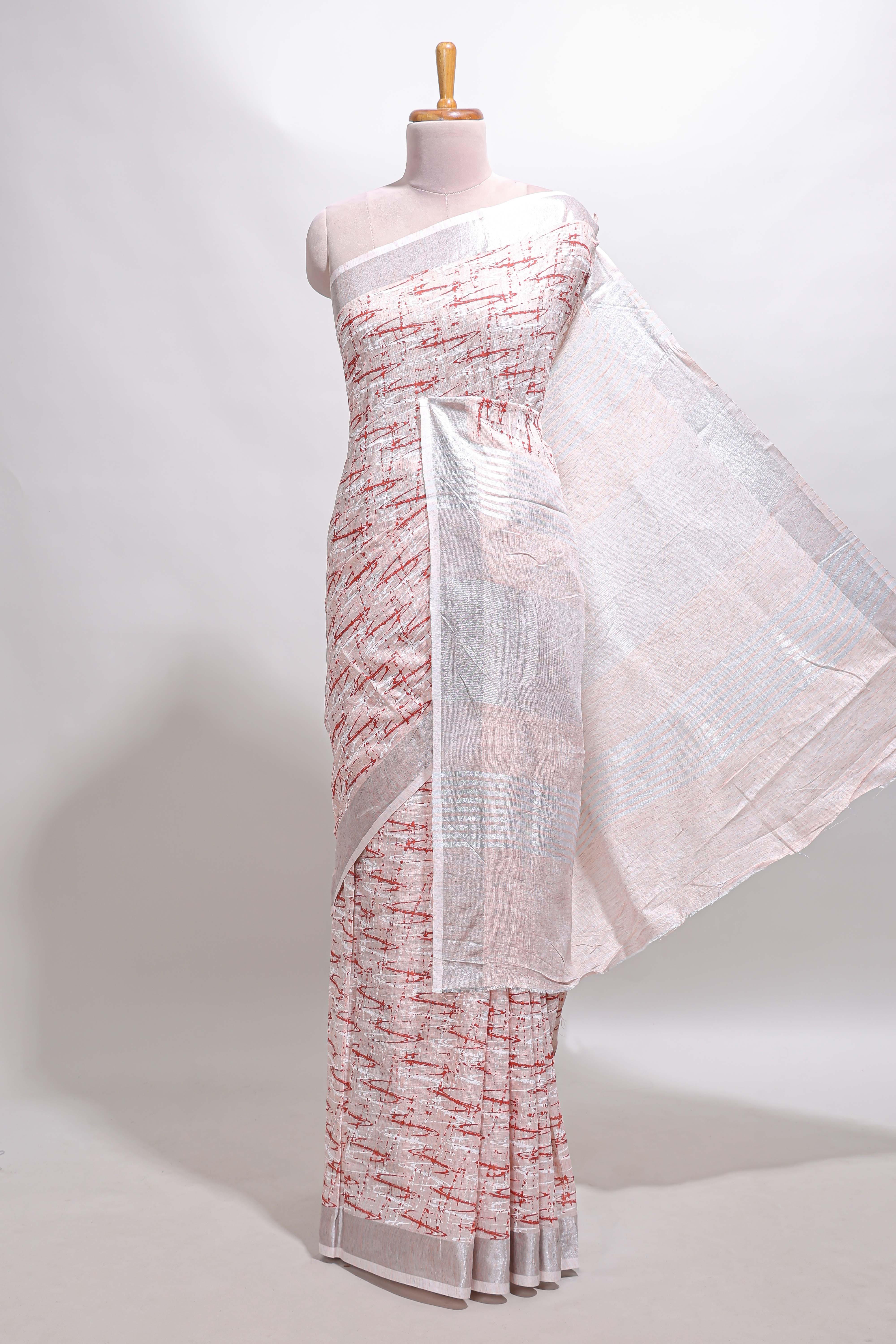 Pink abstract line scribble design linen cotton saree with self zari border and matching plain blouse