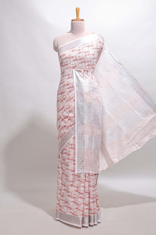 Pink abstract line scribble design linen cotton saree with self zari border and matching plain blouse