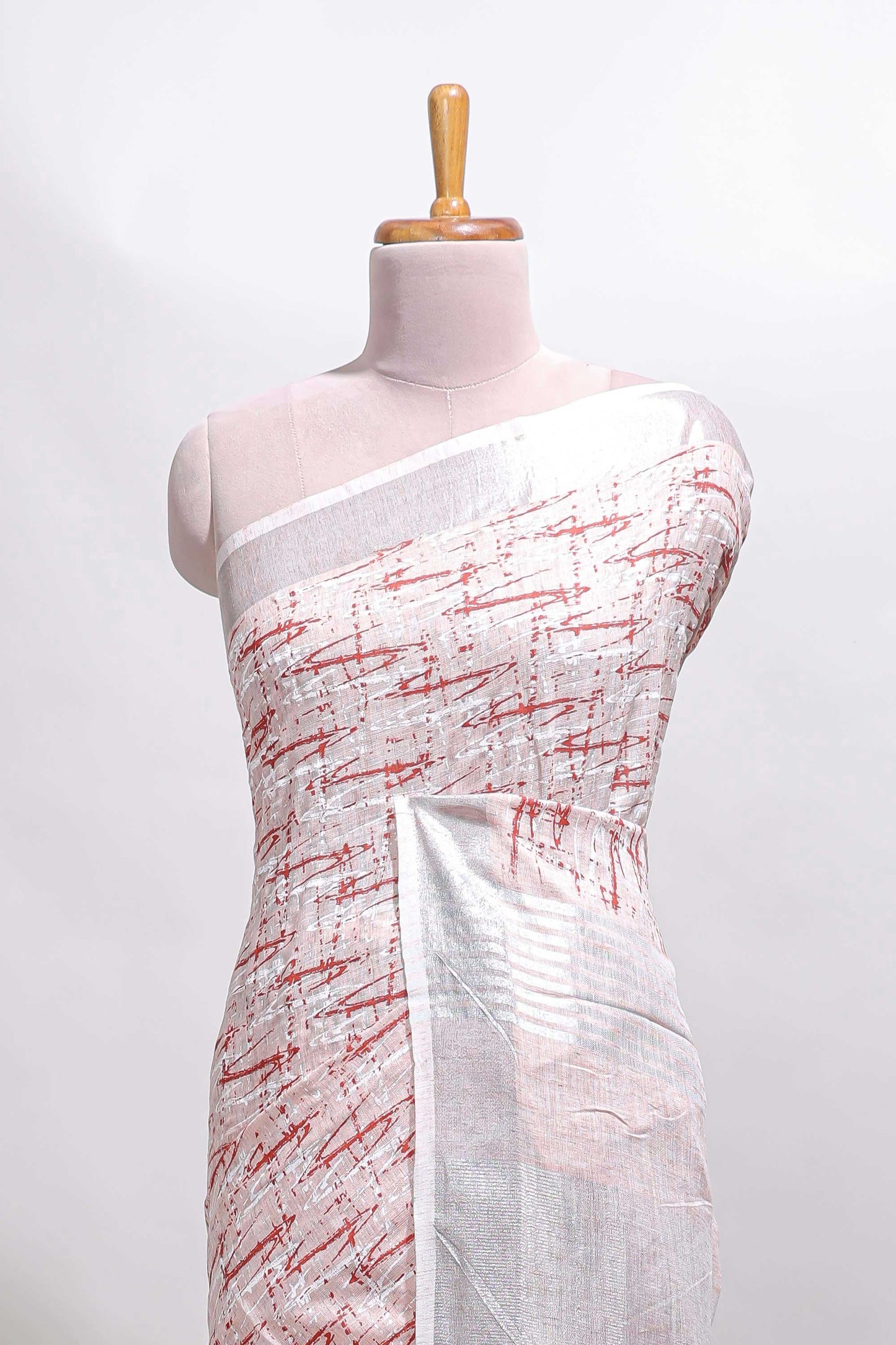 Pink abstract line scribble design linen cotton saree with self zari border and matching plain blouse