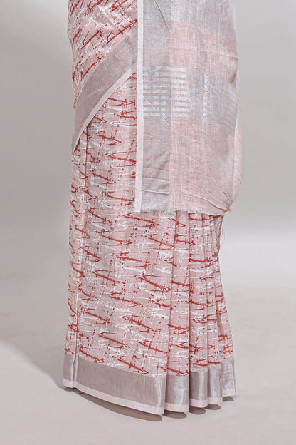 Pink abstract line scribble design linen cotton saree with self zari border and matching plain blouse