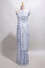 Blue abstract line scribble design linen cotton saree with self zari border and matching plain blouse
