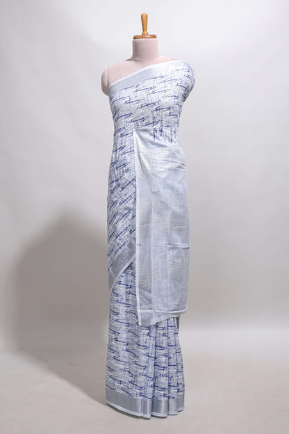 Blue abstract line scribble design linen cotton saree with self zari border and matching plain blouse