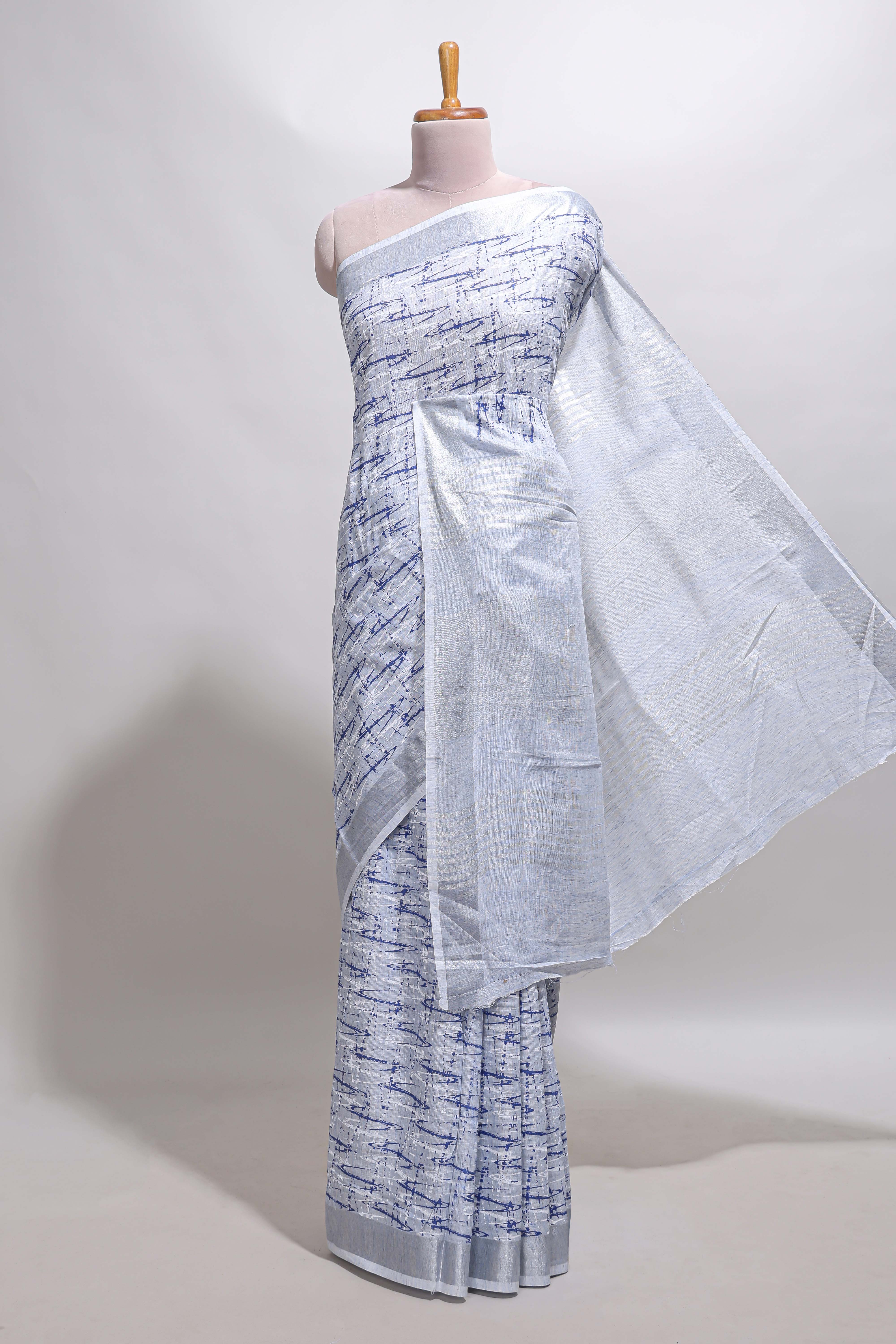 Blue abstract line scribble design linen cotton saree with self zari border and matching plain blouse