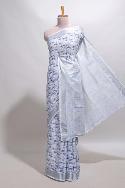 Blue abstract line scribble design linen cotton saree with self zari border and matching plain blouse