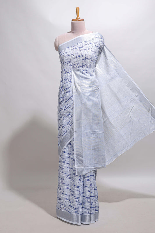Blue abstract line scribble design linen cotton saree with self zari border and matching plain blouse