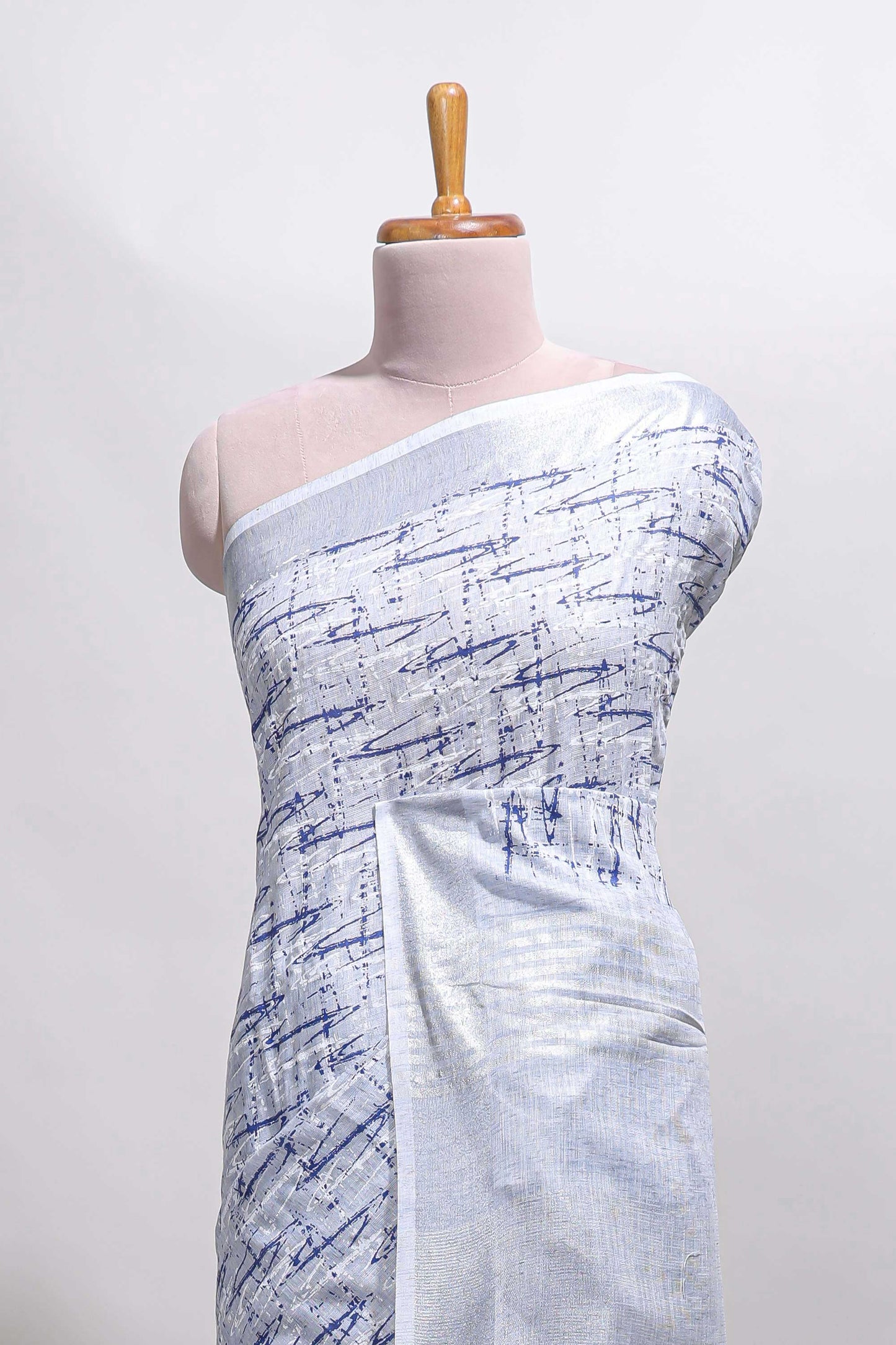 Blue abstract line scribble design linen cotton saree with self zari border and matching plain blouse