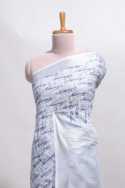 Blue abstract line scribble design linen cotton saree with self zari border and matching plain blouse