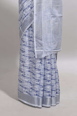 Blue abstract line scribble design linen cotton saree with self zari border and matching plain blouse