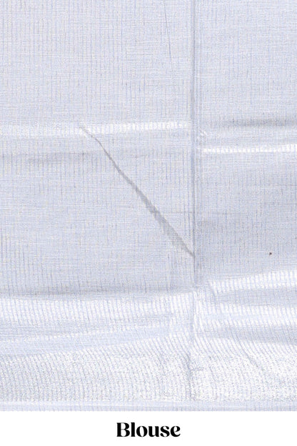 Blue abstract line scribble design linen cotton saree with self zari border and matching plain blouse