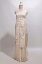 Sandal checked floral design linen cotton saree with self zari border and matching blouse