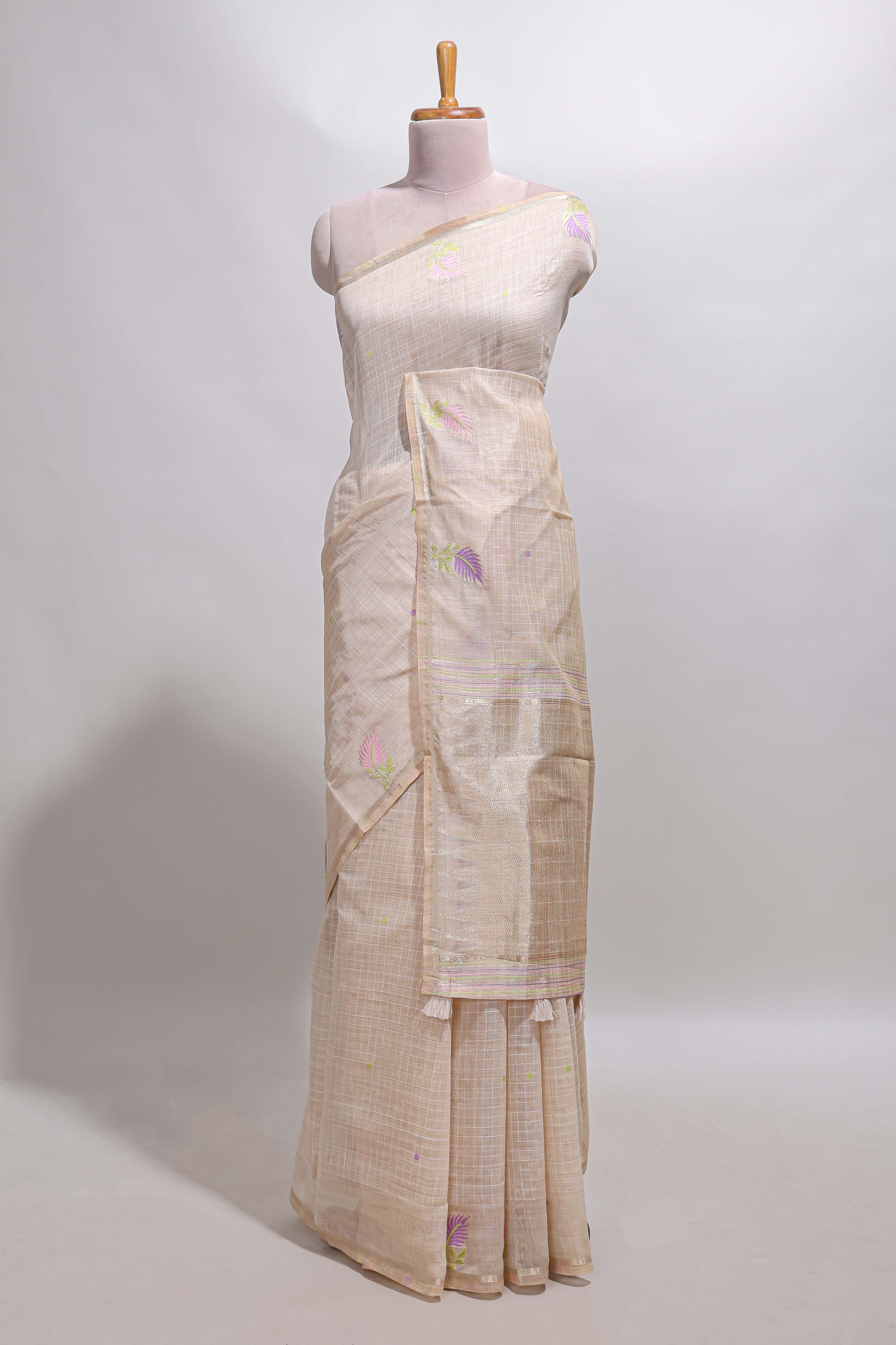 Sandal checked floral design linen cotton saree with self zari border and matching blouse