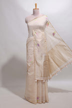 Sandal checked floral design linen cotton saree with self zari border and matching blouse